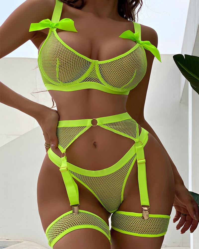

3PCS Bowknot Decor Fishnet Sheer Mesh Garter Lingerie Set, Green
