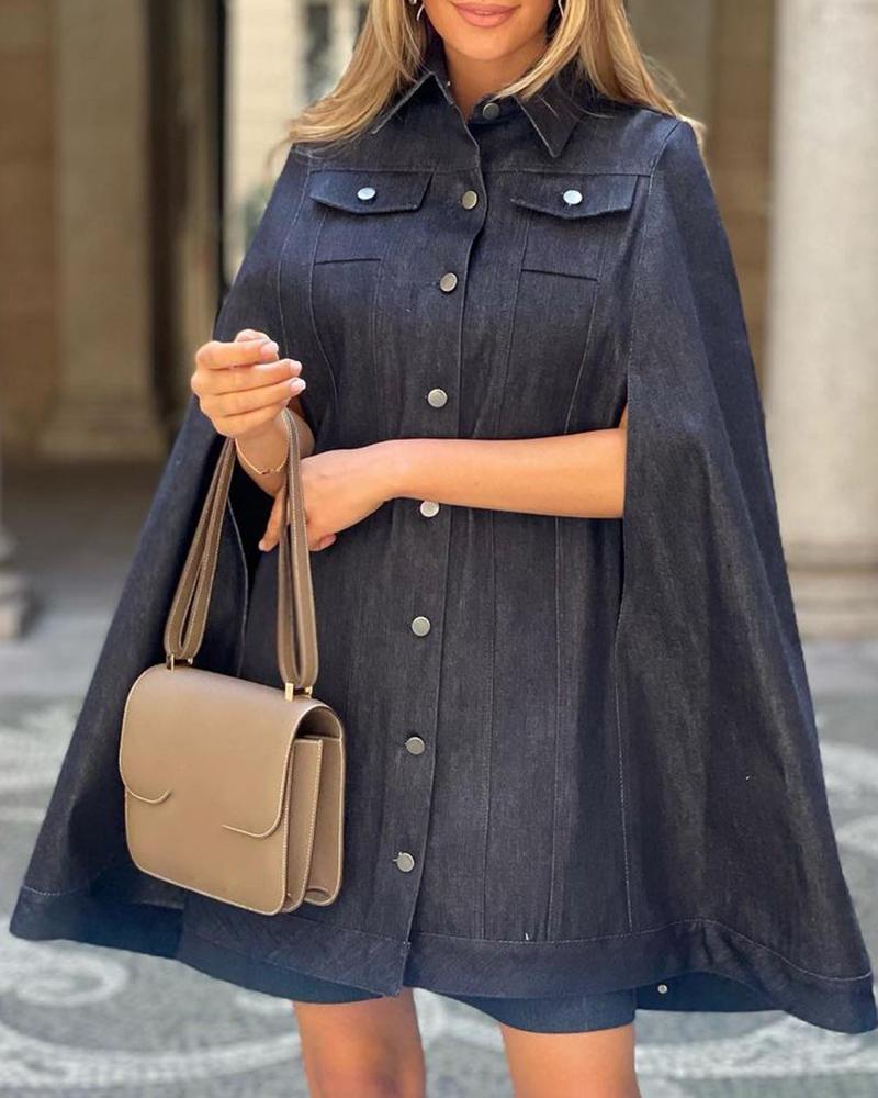 

Button Front Cloak Design Denim Coat, Black