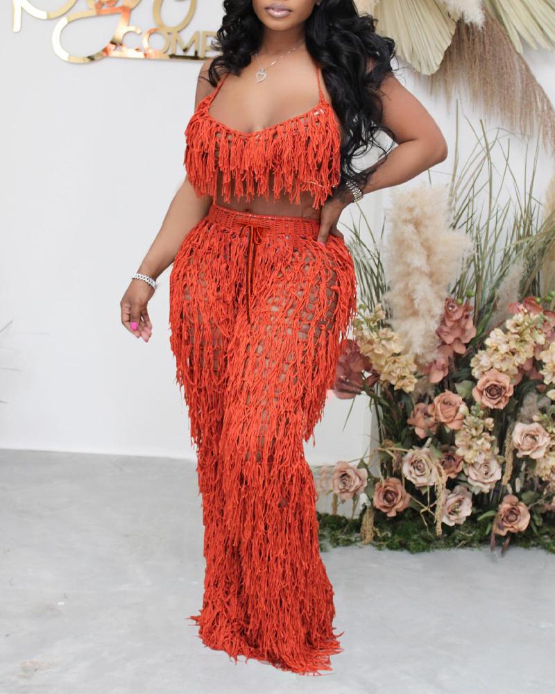 

Halter Tassel Design Crochet Bikini Top & High Waist Pants Set, Orange