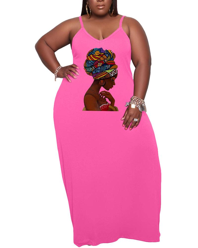 

Plus Size Figure Print Spaghetti Strap Maxi Dress, Pink