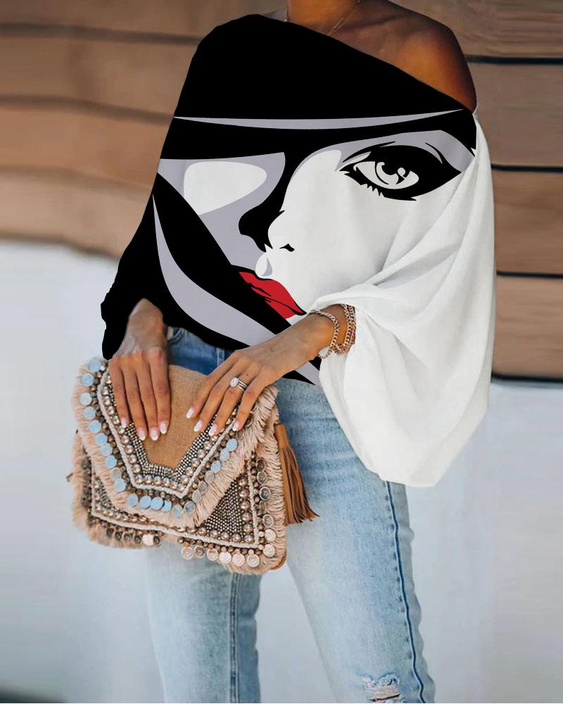 

Abstract Figure Print Lantern Sleeve Top, White
