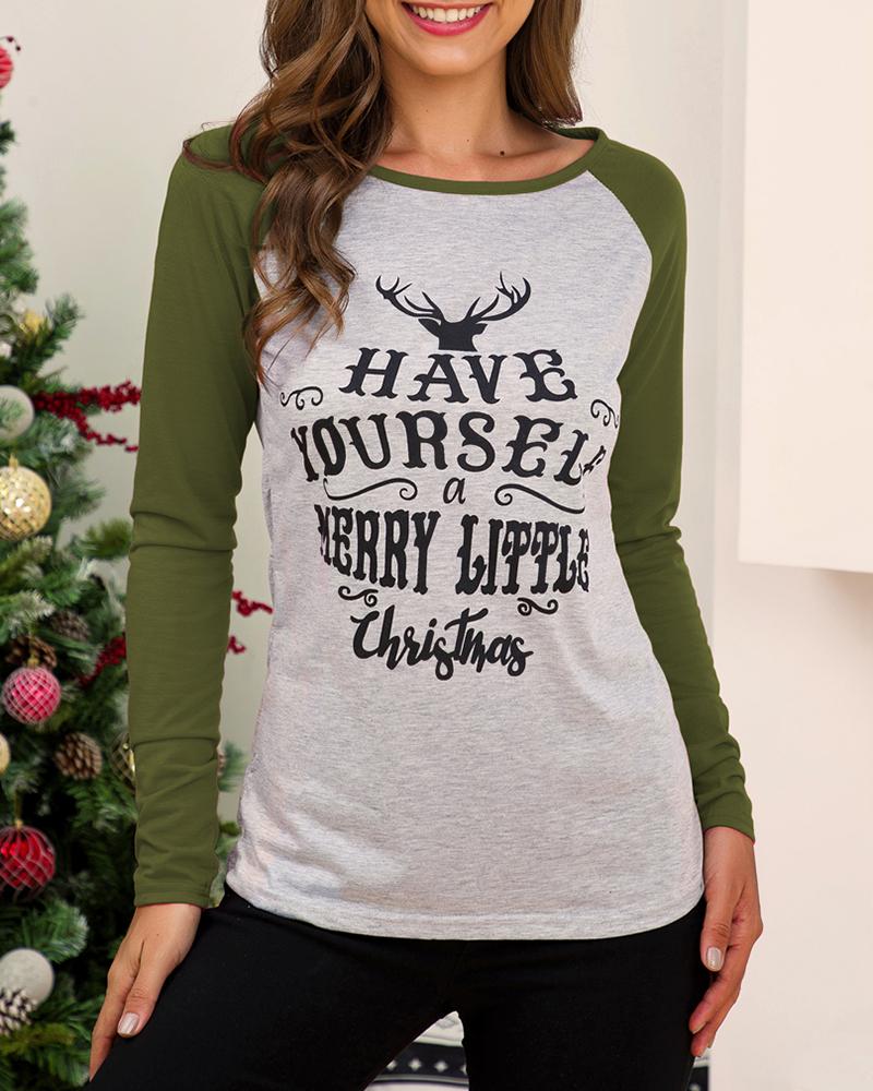 

Christmas Colorblock Deer Letter Print Top, Green