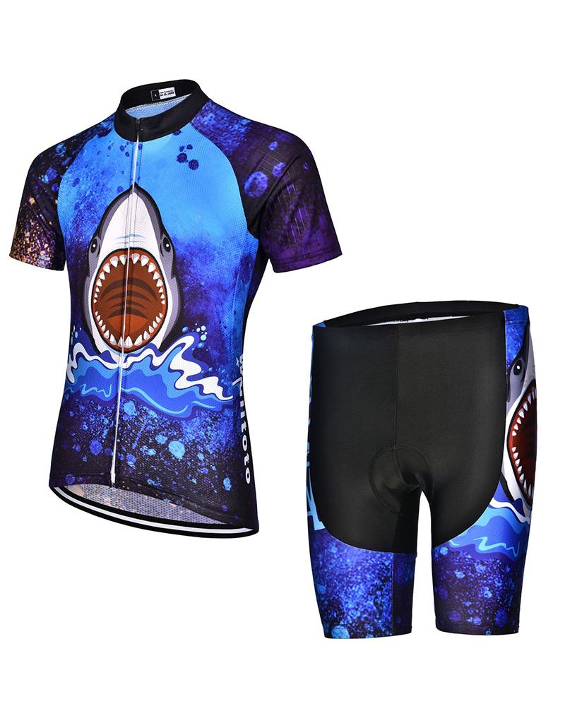 

Cartoon Shark & Letter Print Short Sleeve T-shirt With Short Pants Cycling Jersey Active Sets, Blue