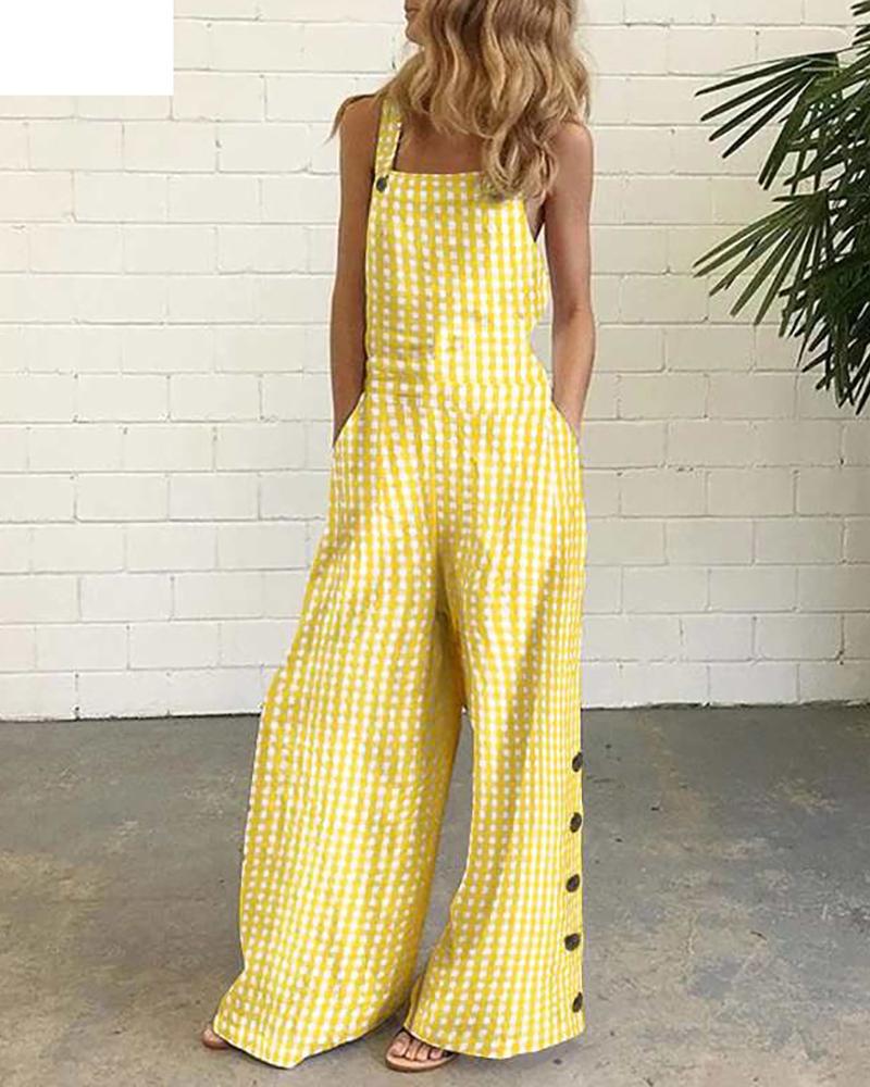 

Plaid Side Button Pocket Design Wide Leg Jumpsuit, Yellow
