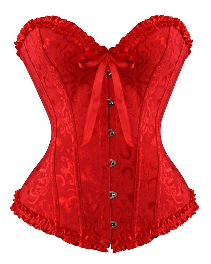 

Baroque Pattern Tummy Control Overbust Boned Bustier Corset Eyelet Lace-up Shapewear Top, Red