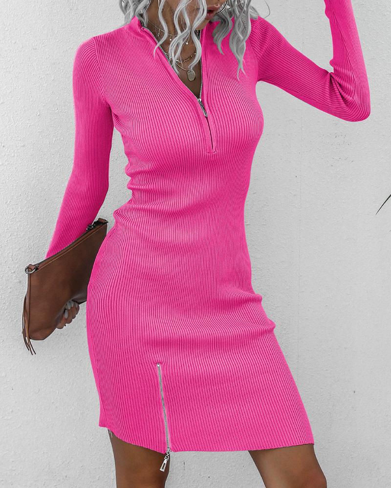 

Mock Neck Zipper Design Knit Bodycon Dress, Hot pink