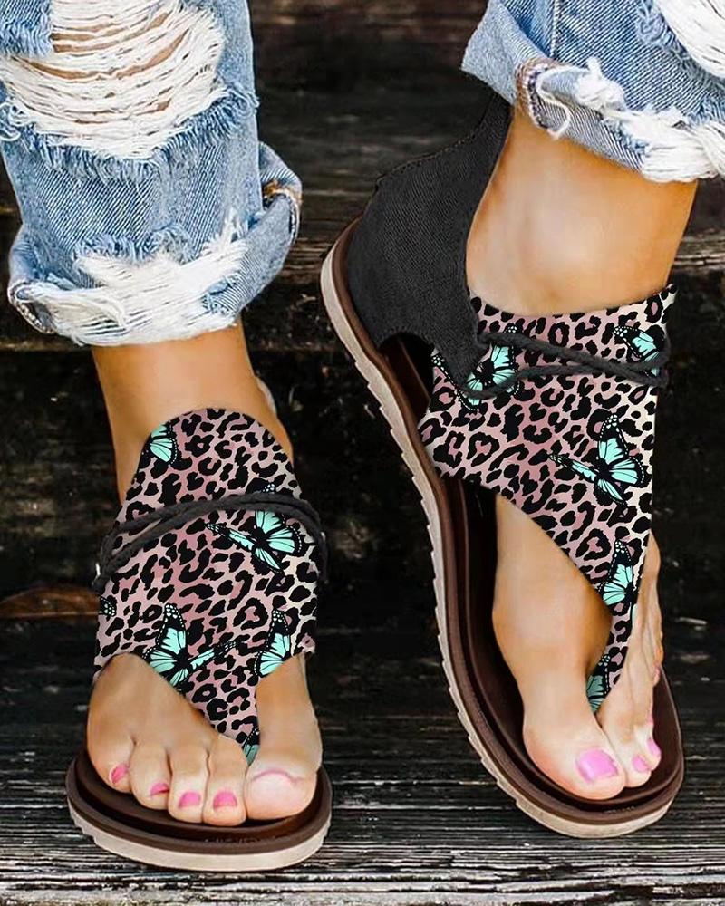 

Toe Post Cutout Velcro Sandals, Leopard