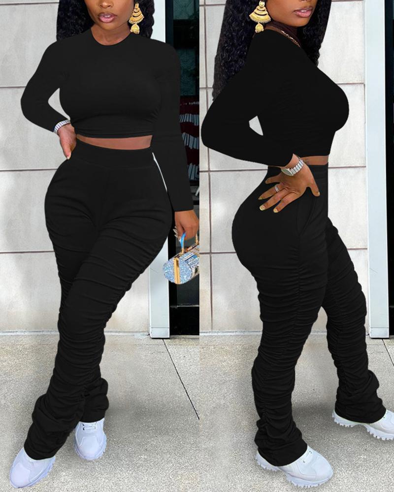 

Round Neck Crop Top & Ruched High Waist Pants Set, Black