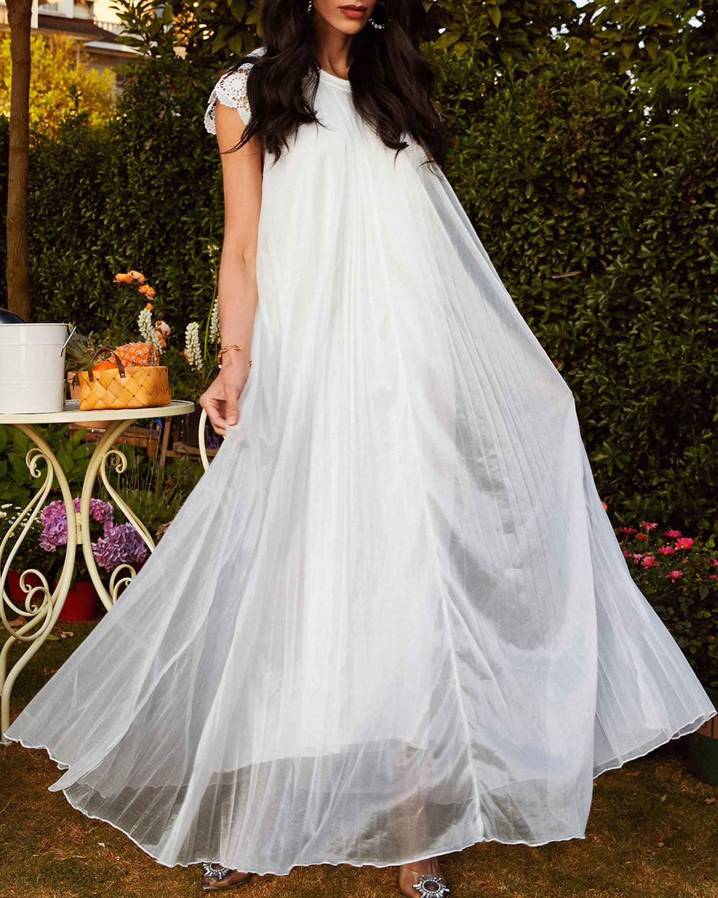 

Plain Lace Embroidered Hem Ruffle Mesh Maxi Dress, White