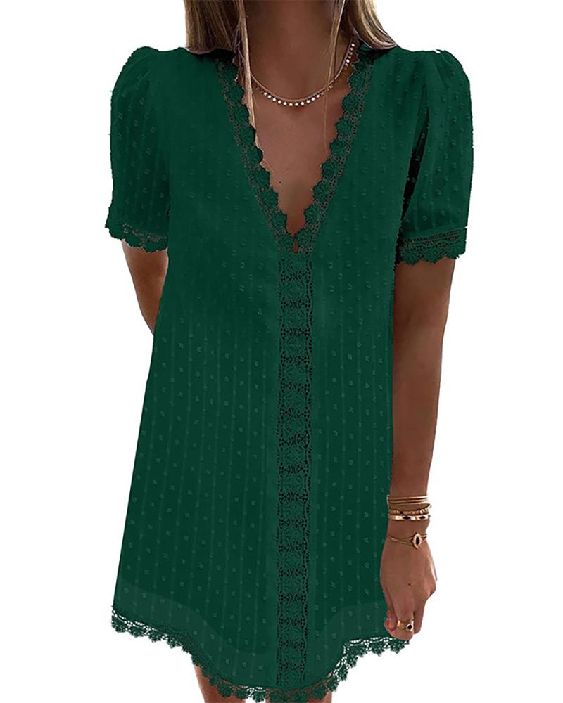 

Puff Sleeve Swiss Dot Lace Trim Dress, Green