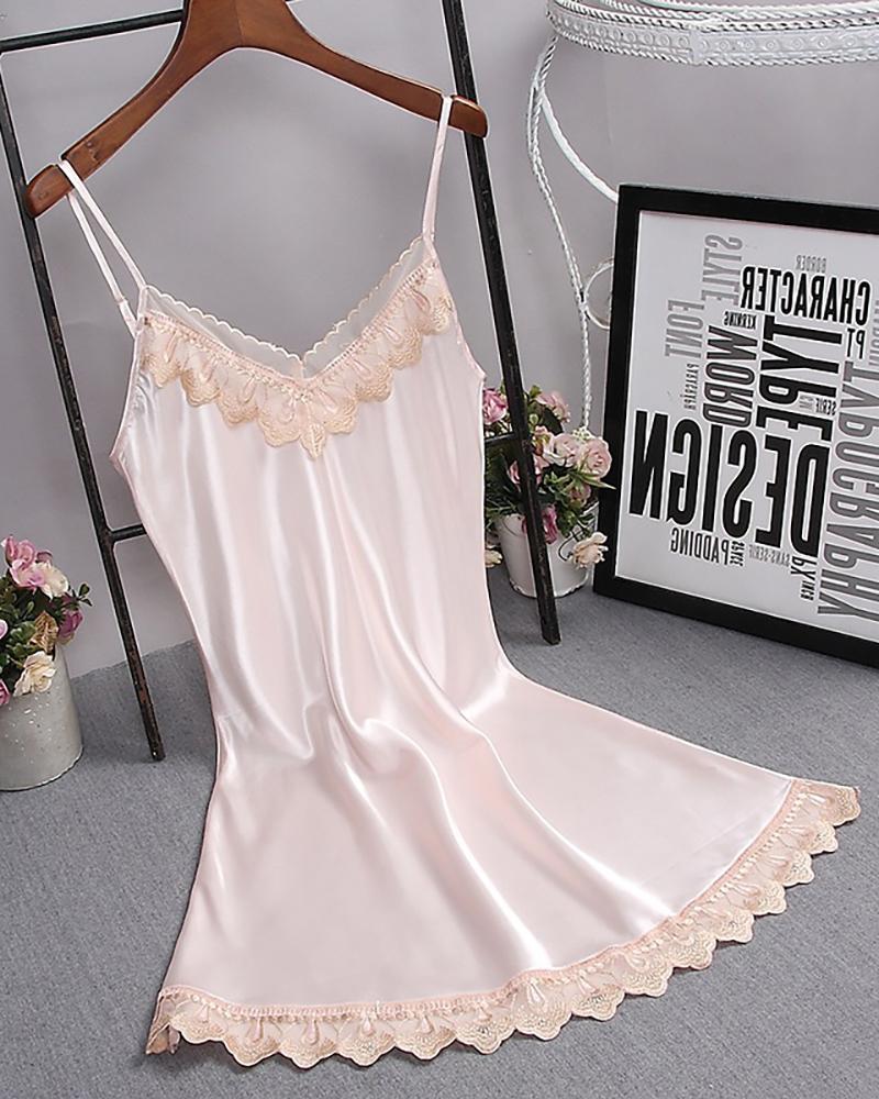 

Spaghetti Strap Lace Trim Satin Sleepwear Cami Dress, Apricot