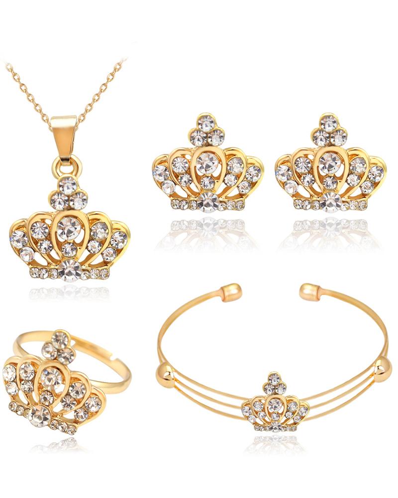 

4pcs Rhinestone Crown Pendant Necklace & Ring & Earrings & Bracelet Jewelry Set, Gold