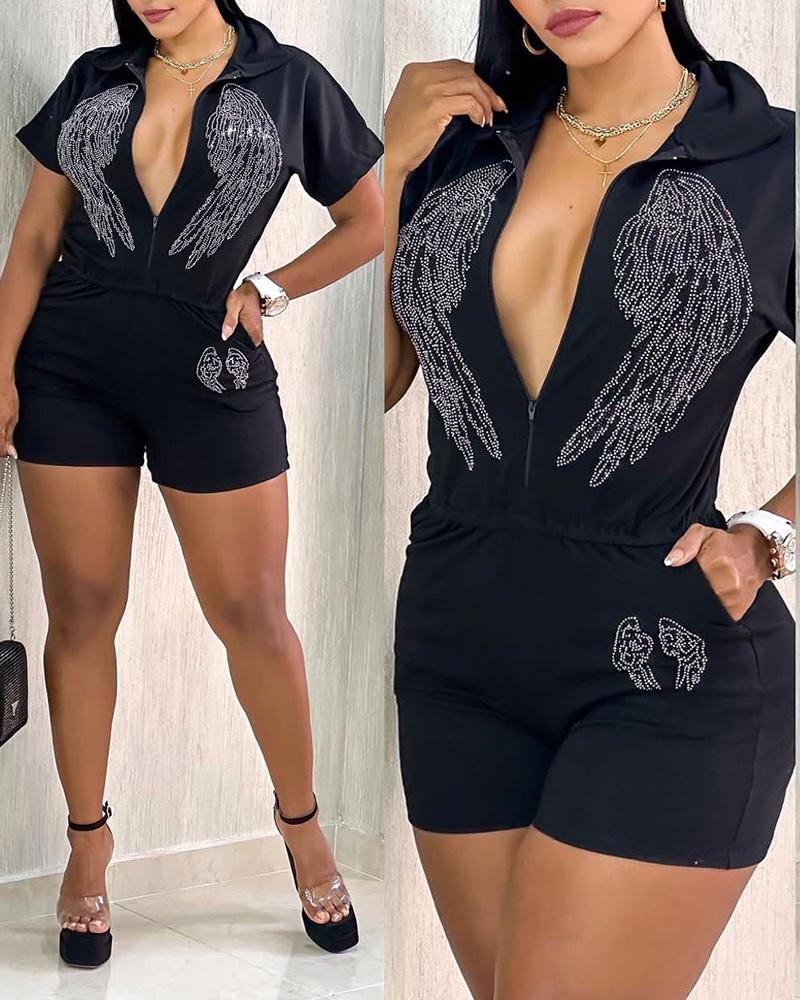 

Rhinestone Angle Wings Pattern Zipper Design Romper, Black