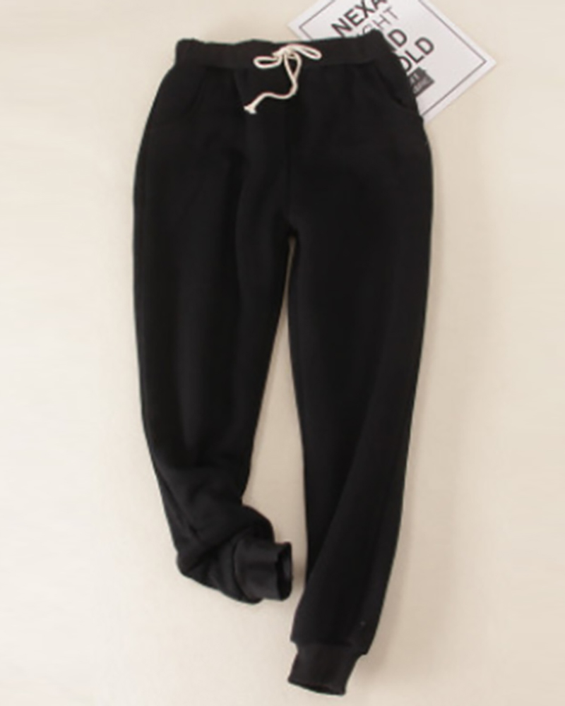 

Plain Drawstring Waist Super Thick Sweatpants, Black
