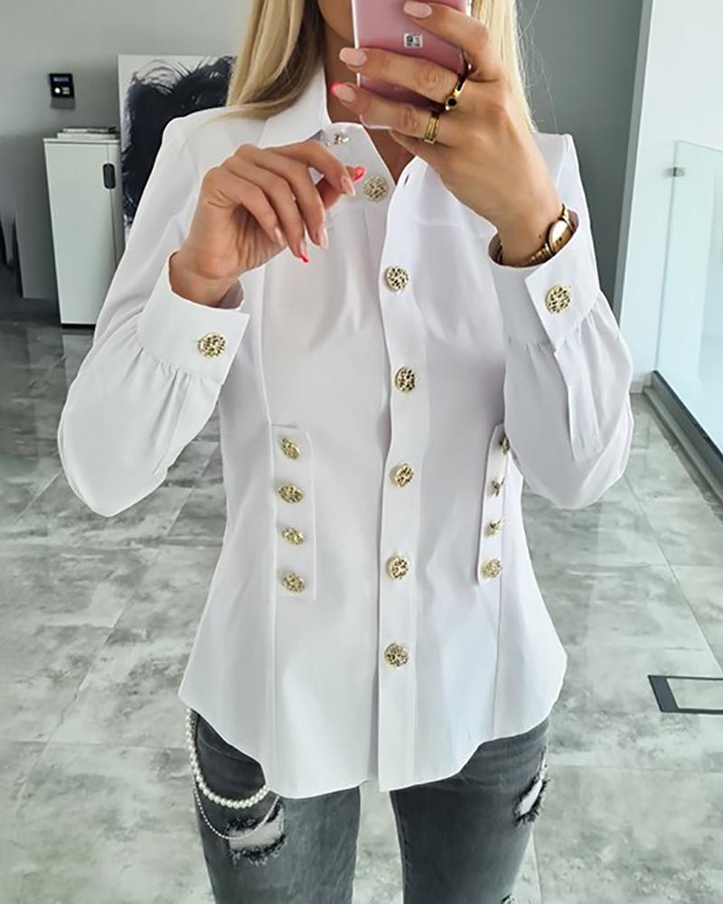 

Button Decor Long Sleeve Casual Shirt, White