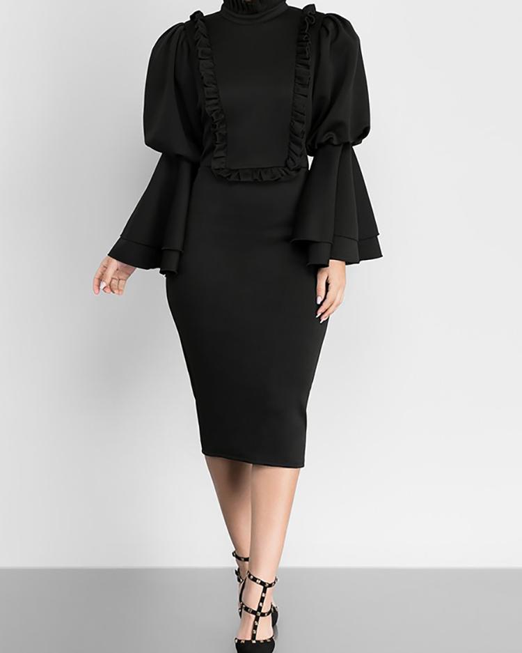 

Frilled Flare Sleeve Pencil Midi Dress - Black