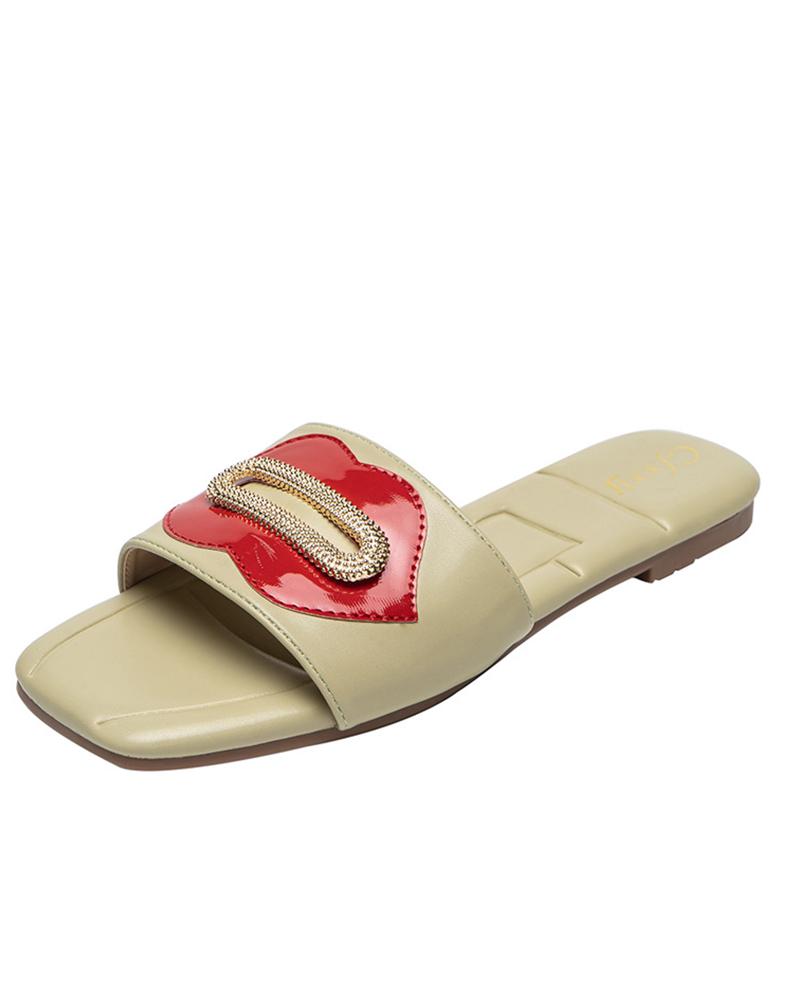 

Square Toe Casual Splicing Lips Flat Slippers, Green