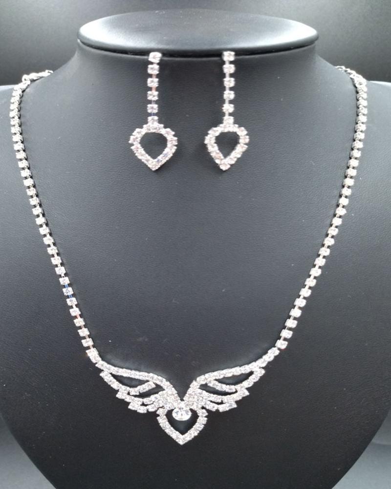 

2pcs Heart Wings Rhinestone Necklace & Drop Earrings Jewelry Set, Silver