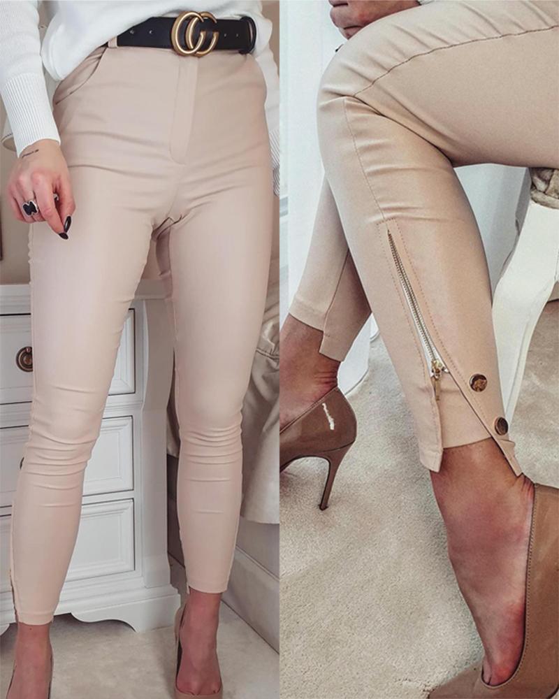 

High Waist Zipper Design Slit Work Pants, Apricot