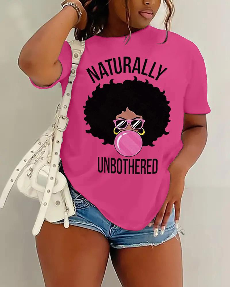 

Plus Size Naturally Unbothered Figure Print Casual T-shirt, Hot pink