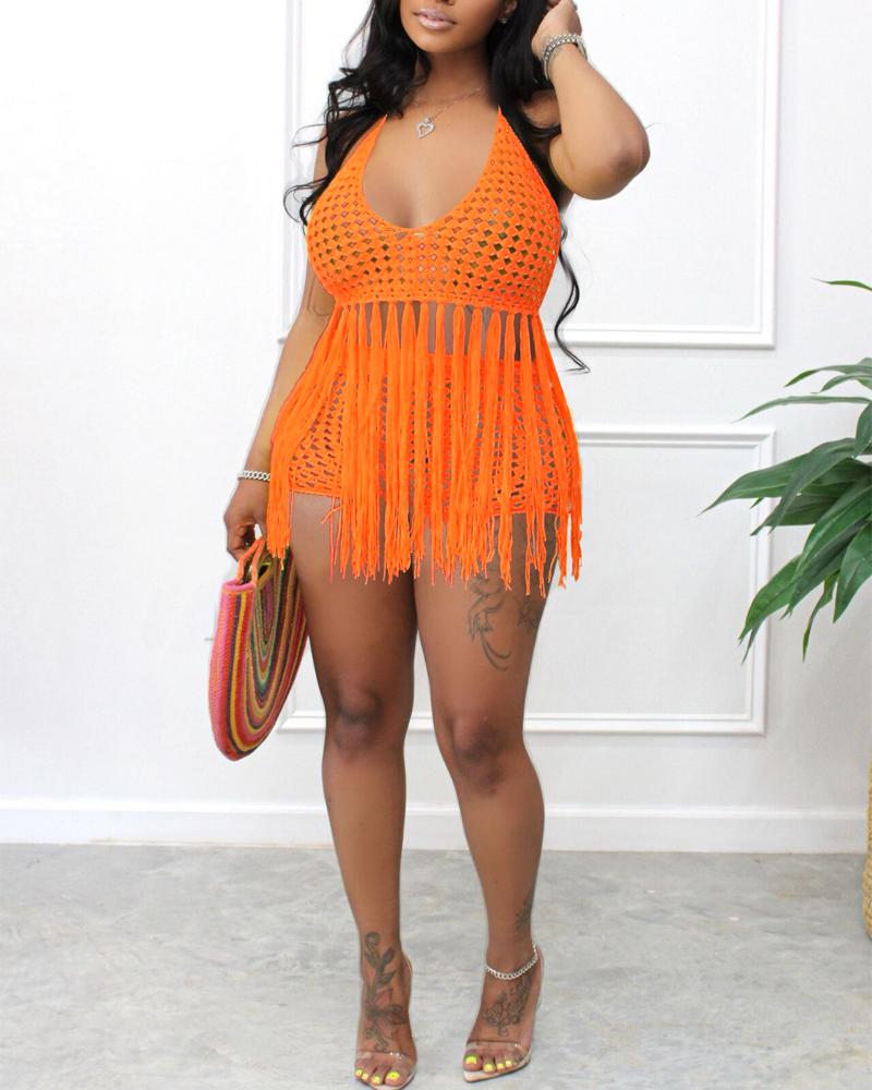 

Crochet Hollow Out Fringe Trim Top & Shorts Set, Orange