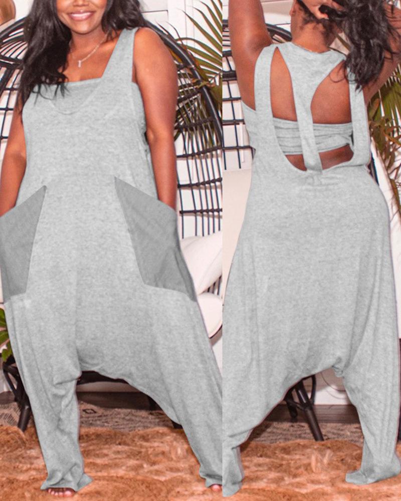 

Pocket Design Backless Harem Jumpsuit With Bandeau Top, Gray