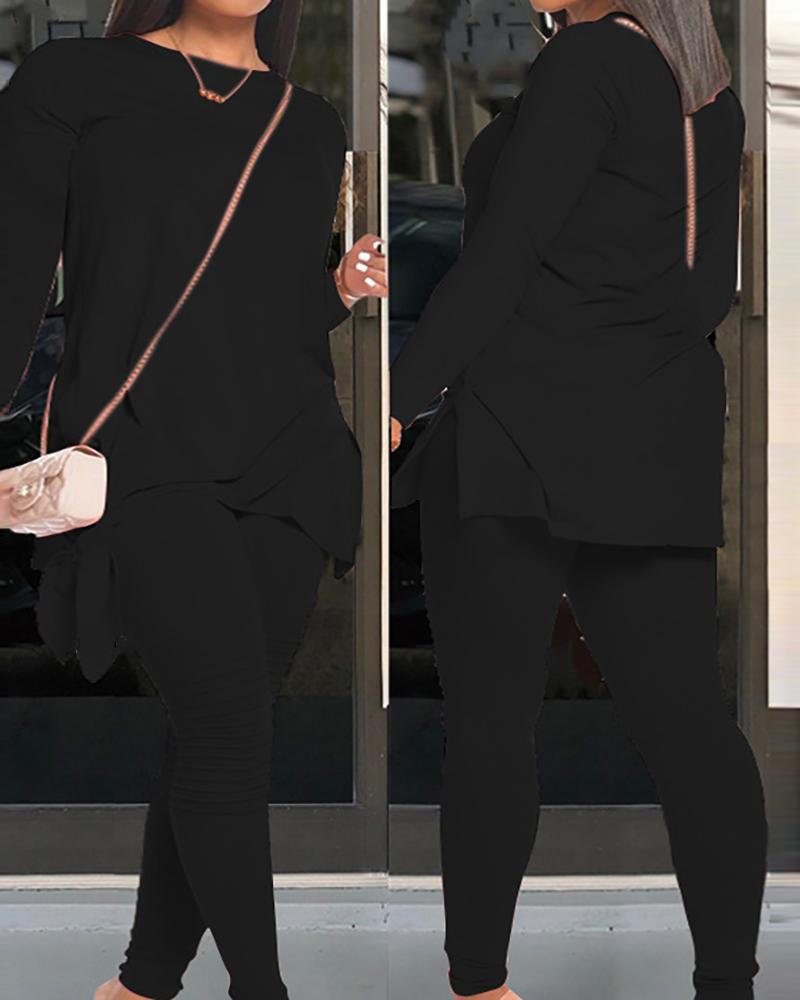 

Knotted Slit Long Sleeve Top & Ruched Pants Set, Black
