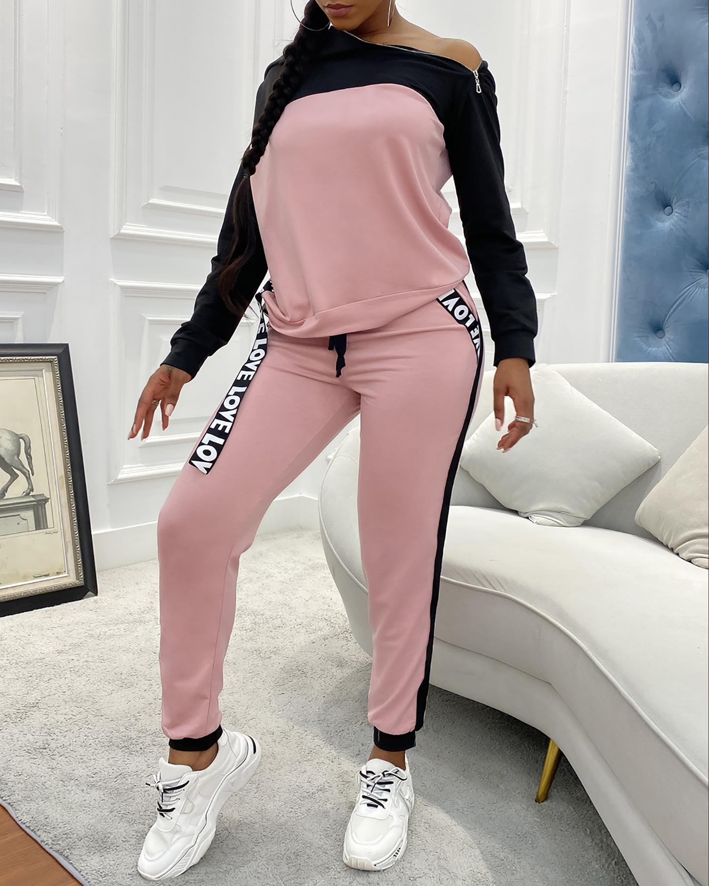 

Colorblock Zipper Design Hooded Top & Pockets Pants Set, Pink