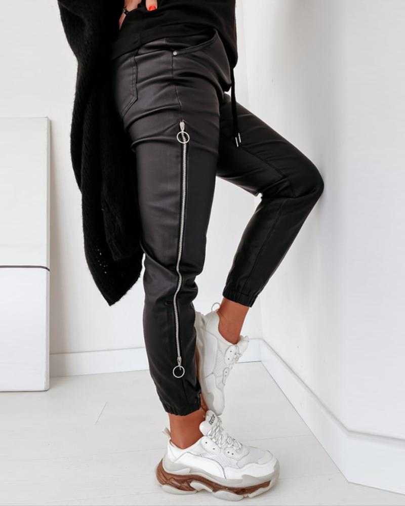 

Zipper Design Drawstring Ruched Pants, Black