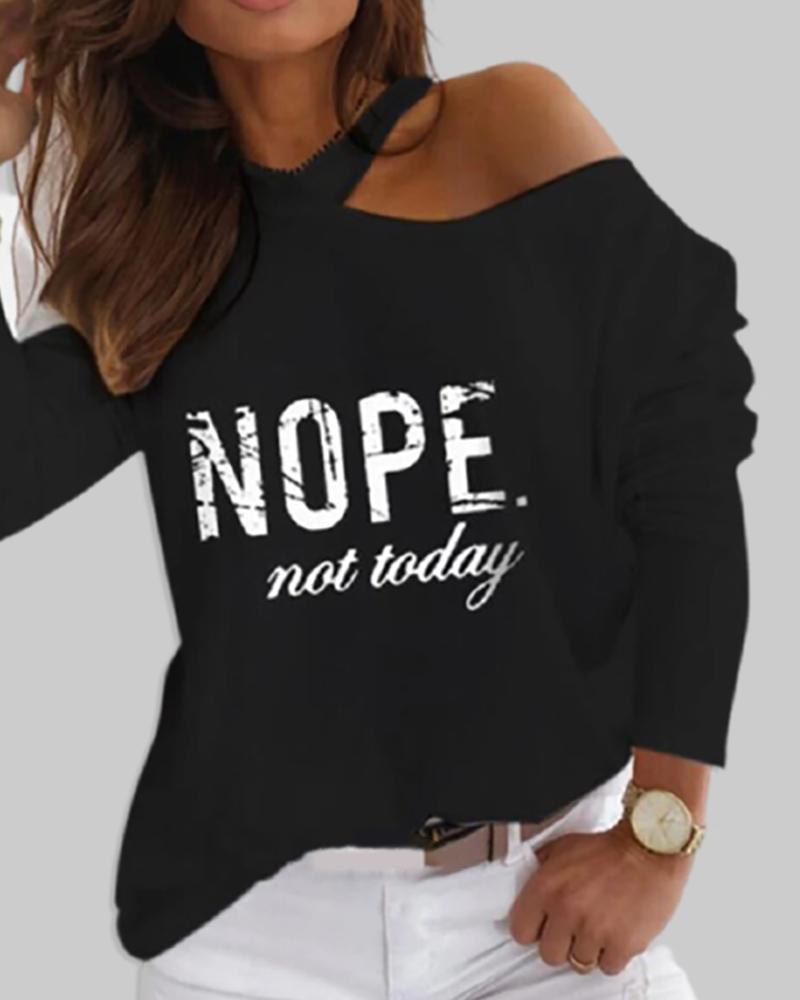 

Cold Shoulder Letter Print Long Sleeve Top, Black