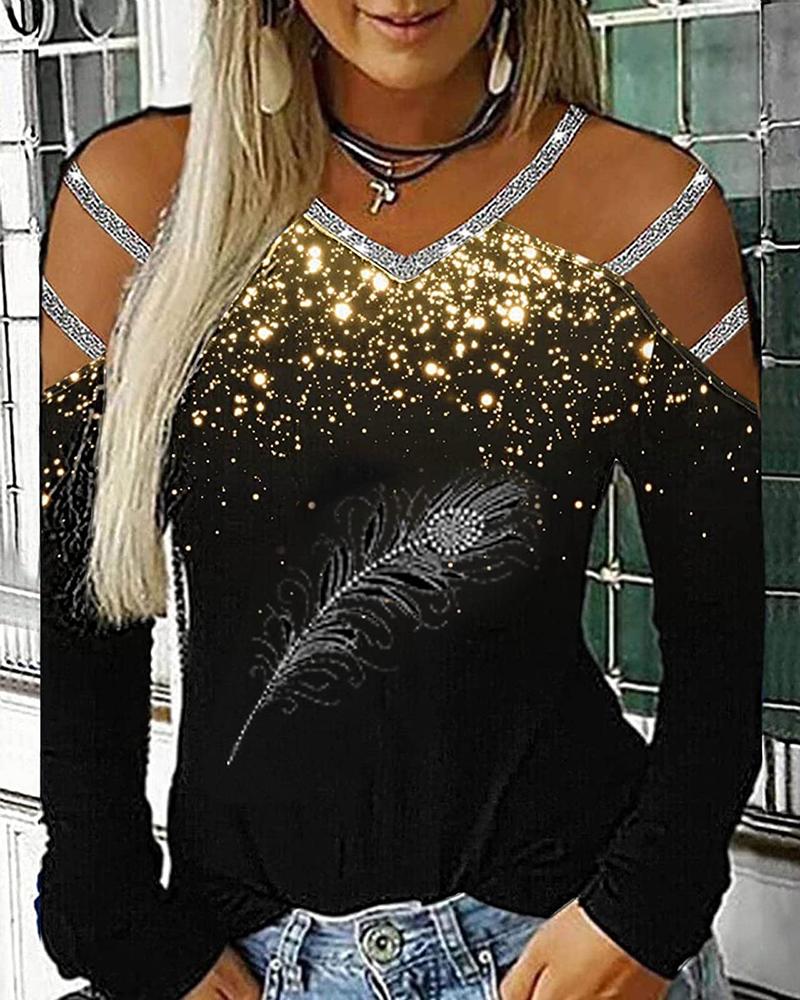 

Ladder Cutout Glitter Feather Graphic Print Top, Gold