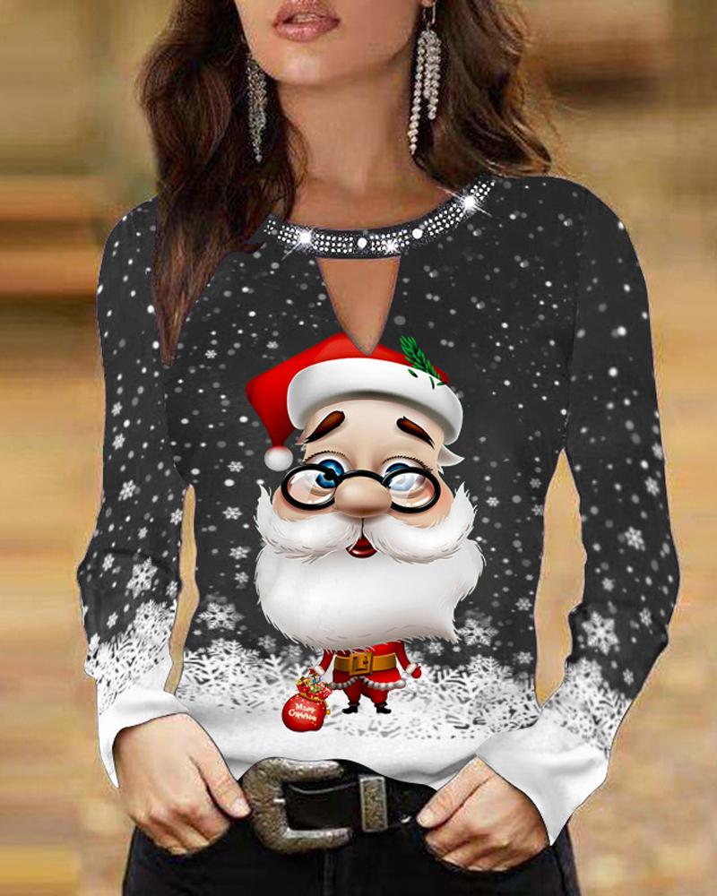 Christmas Santa Claus Snowflake Print Long Sleeve Top