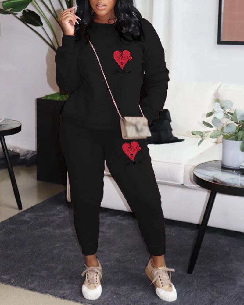 

Plus Size Heart Letter Print Casual Top & Pants Set, Black