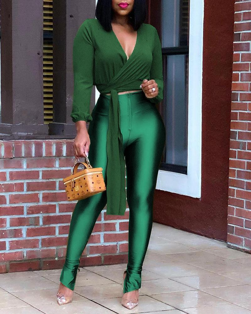

Tie Front Ruched Long Sleeve Top & PU Leather Pant Set, Green