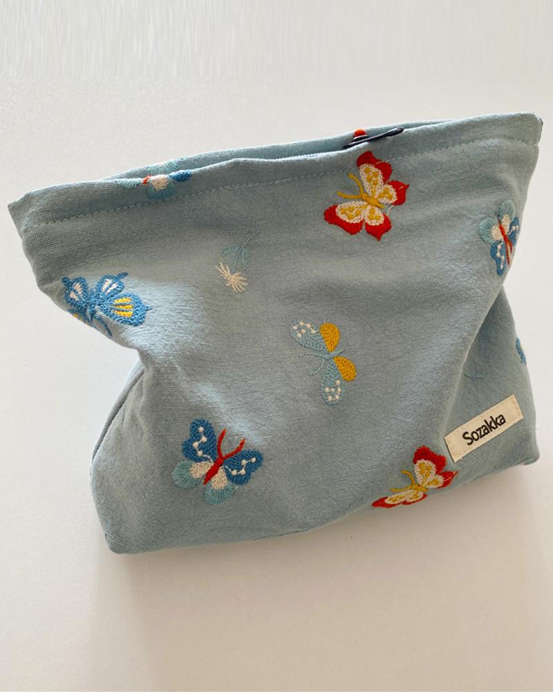 

Butterfly Embroidery Zipper Cosmetic Toiletry Bag Storage Large Capacity Handbag, Blue