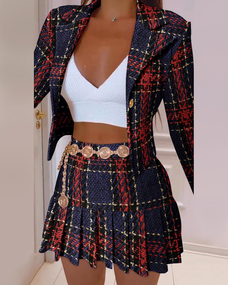 

Plaid Print Long Sleeve Blazer & Pleated Skirt Set, Multicolor