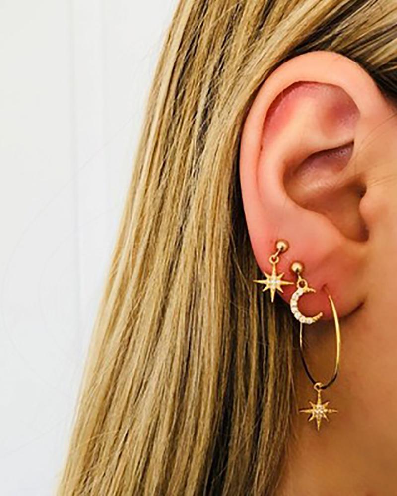

2Pairs Moon & Star Pattern Studded Earrings, Gold