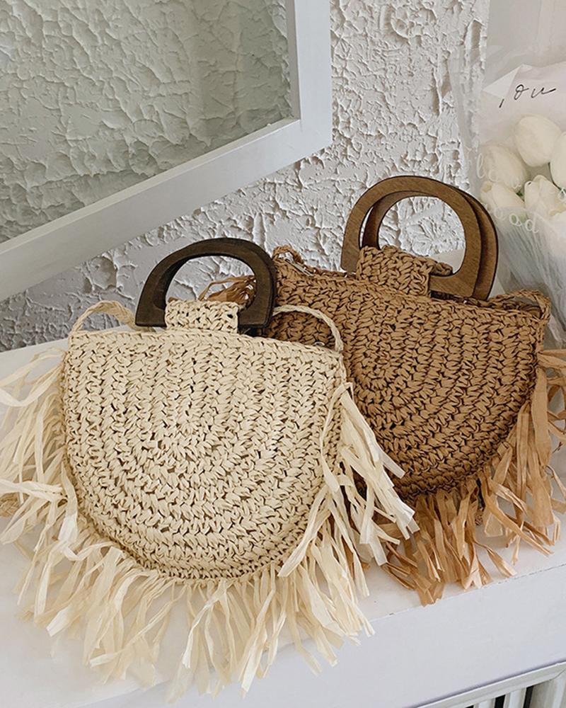 

Tassel Design Top Handle Straw Bag, Beige