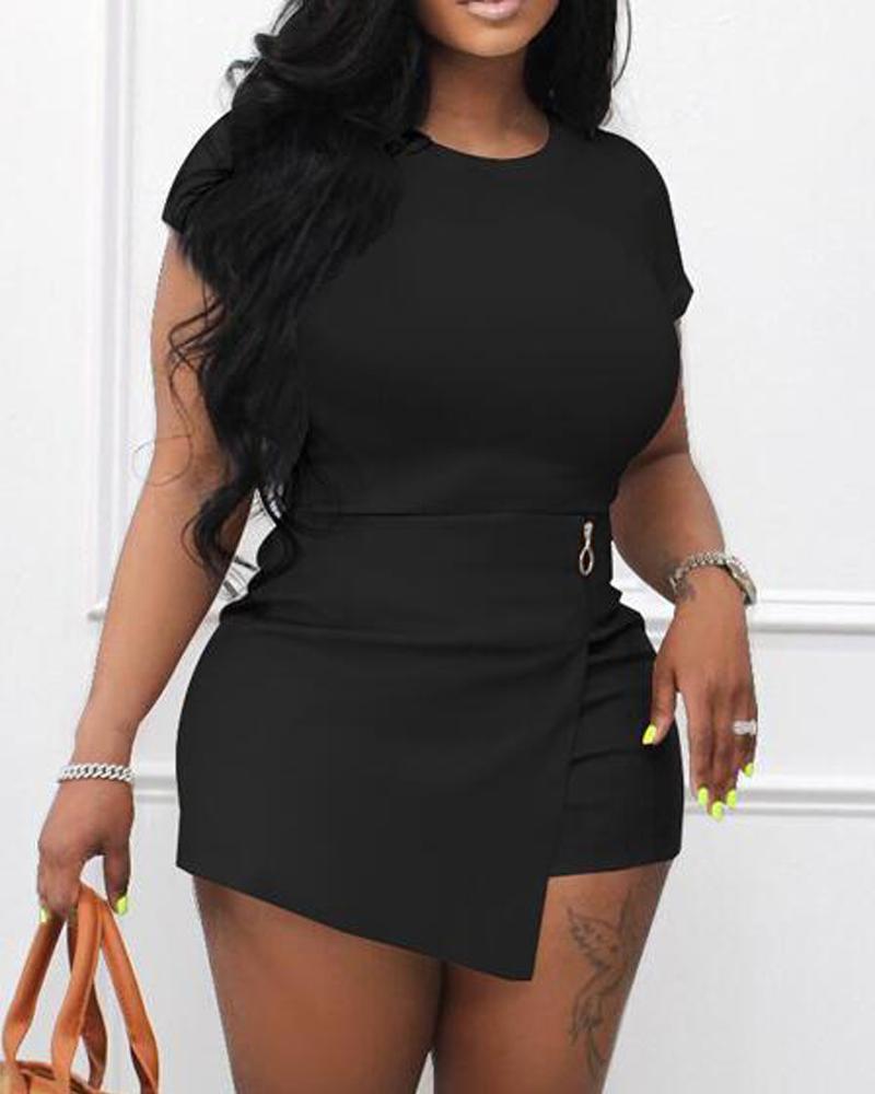 

Plain Casual Top & Skorts Set, Black