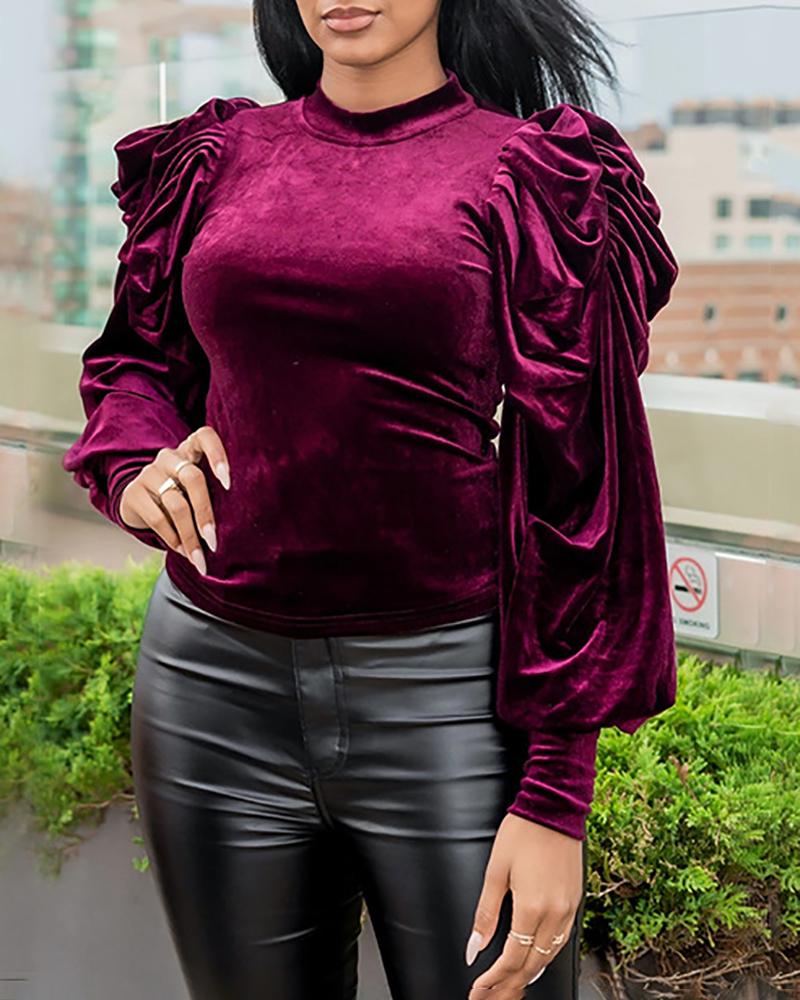

Puff Lantern Sleeve Mock Neck Velvet Top, Wine red