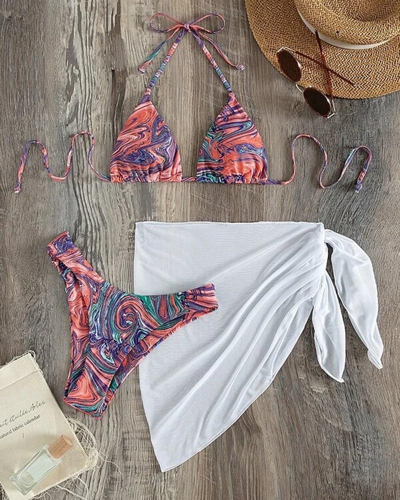 

3PCS Marble Print Bikini Set With Cover Up, Multicolor