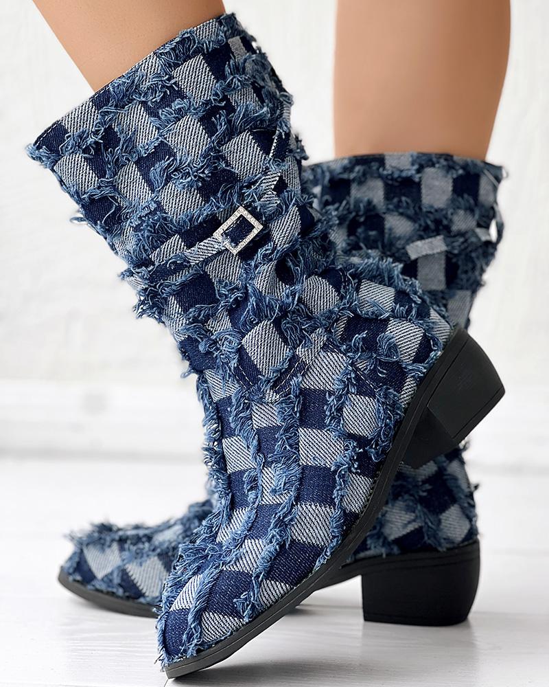 

Plaid Raw Hem Chunky Heel Denim Ankle Boots, Blue