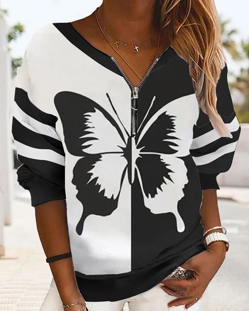 

Zipper Front Long Sleeve Butterfly Print Top, Black