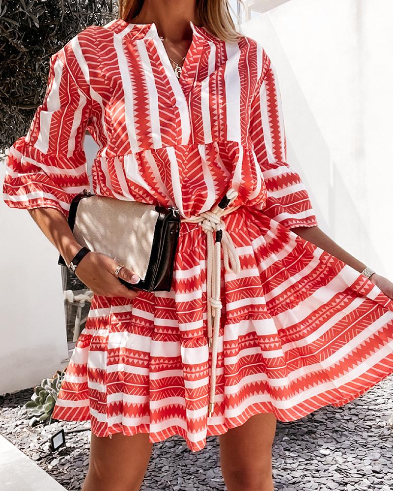 

Boho Style Lace-up All Over Print Half Sleeve Mini Dress, Red