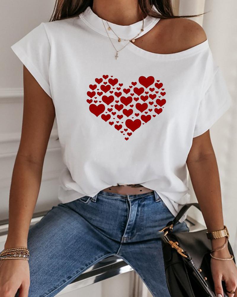 

Valentine' Day Heart Print Cold Shoulder T-Shirt, White