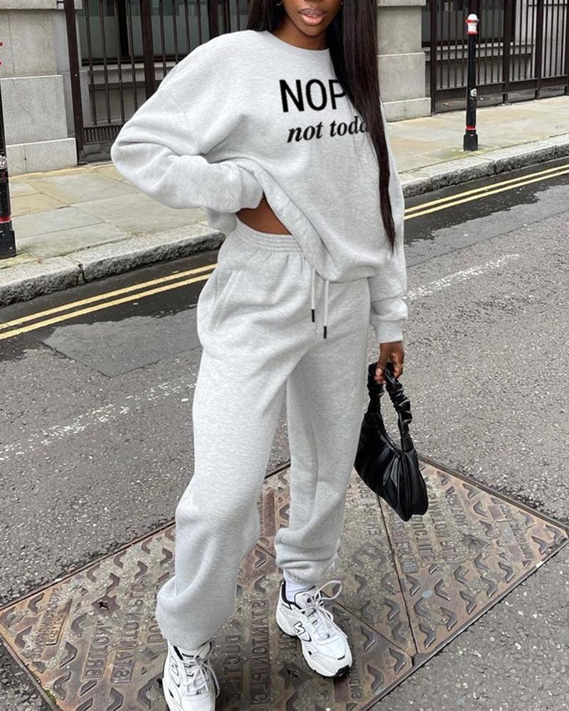 

Letter Print Long Sleeve Sweatshirt & Drawstring Pants Set, Gray