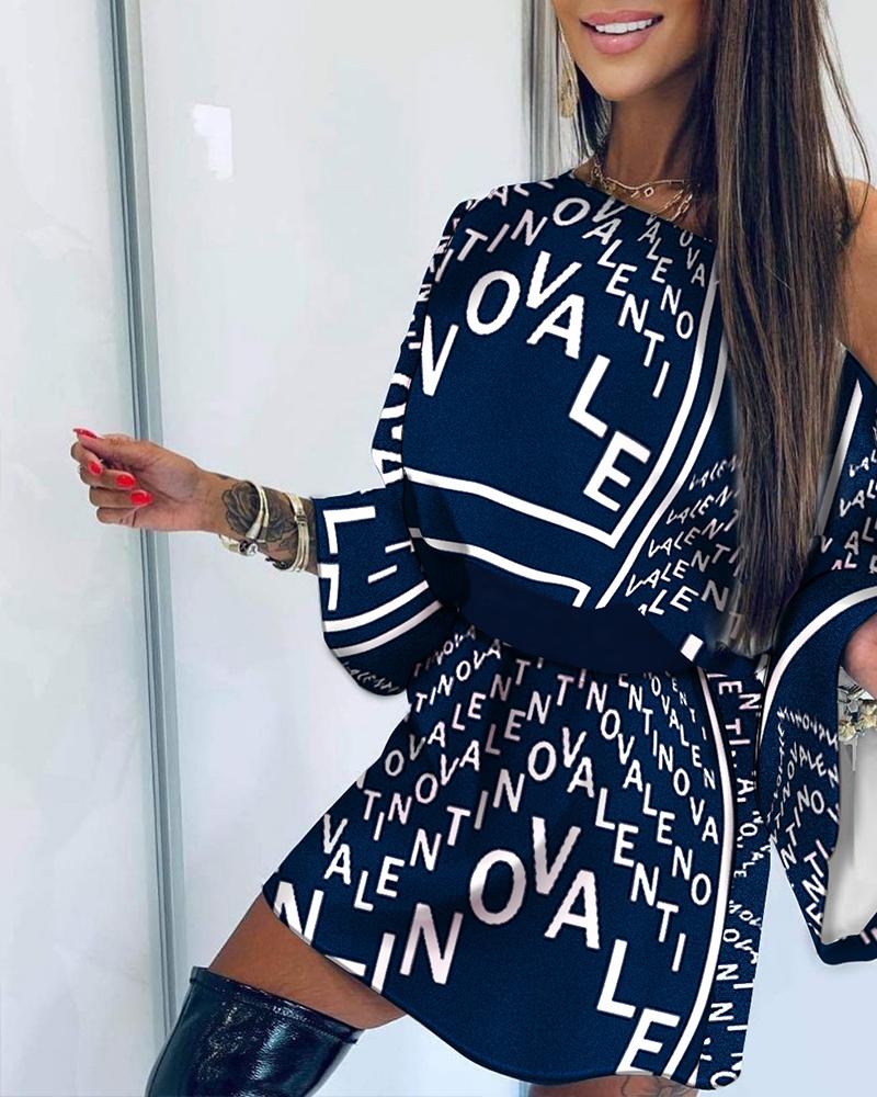 

One Shoulder Letter Print Bell Sleeve Dress, Blue