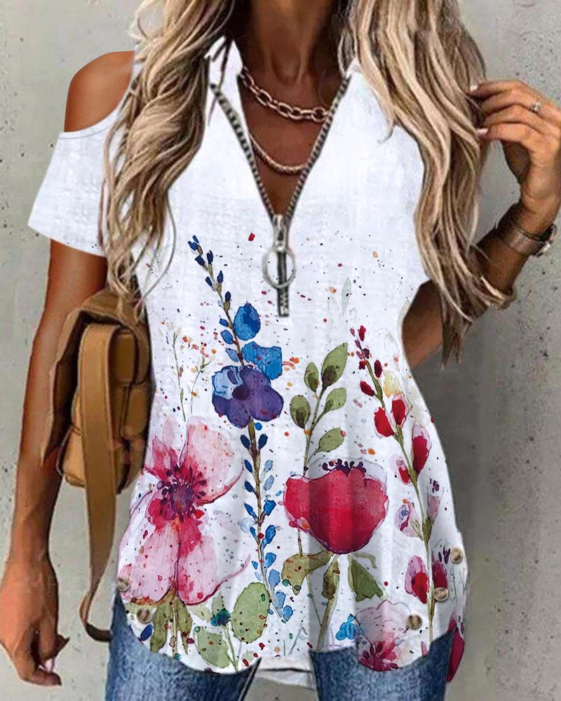 

Floral Print Zip Front Cold Shoulder Top, White