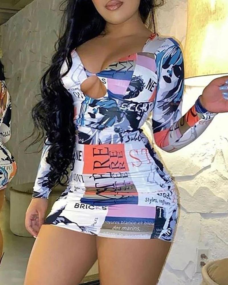 

Graphic Print Cutout Backless Bodycon Dress, Blue