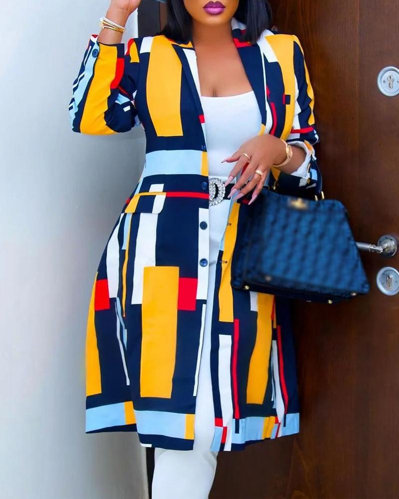 

Geometric Print Colorblock Shawl Collar Coat, Multicolor